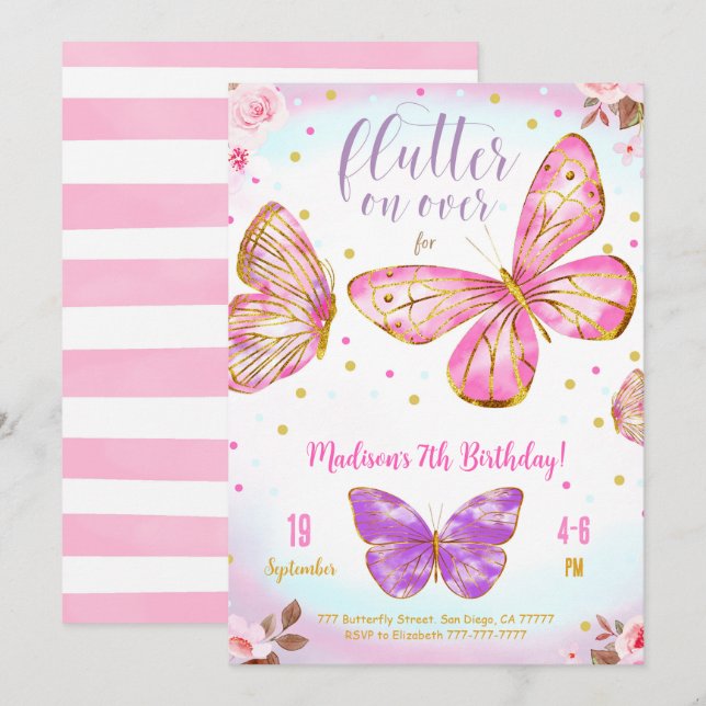 Pink Watercolor Butterfly Invitation (Front/Back)