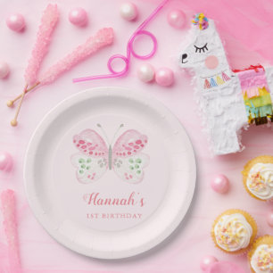 Pink Watercolor Butterfly Pink 1st Birthday Party Paper Plates