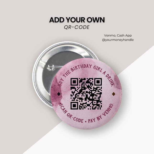 Pink Watercolor Buy Birthday Girl Drink QR Code Button (Creator Uploaded)