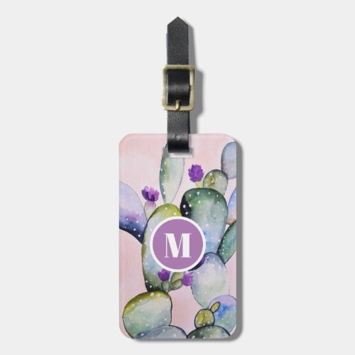 Pink Watercolor Cactus  Flowers  Monogram Luggage Tag