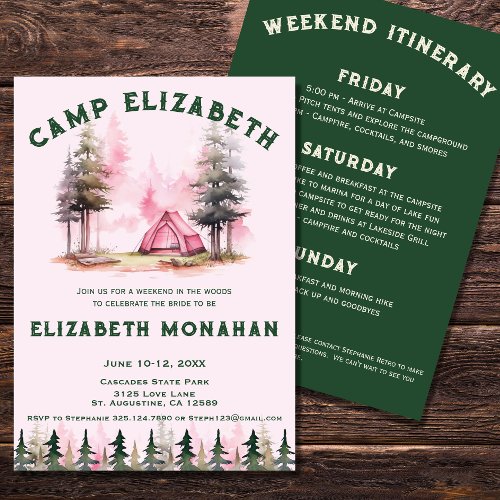 Pink Watercolor Camping Bachelorette Weekend Invitation