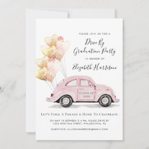 Pink Watercolor Car Drive By Graduation Party Invitation