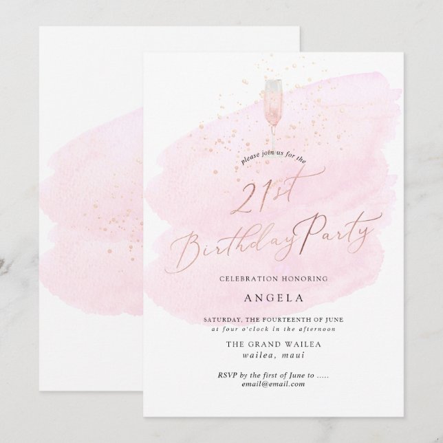 Pink Watercolor Champagne Glass+Bubbles Invitation (Front/Back)