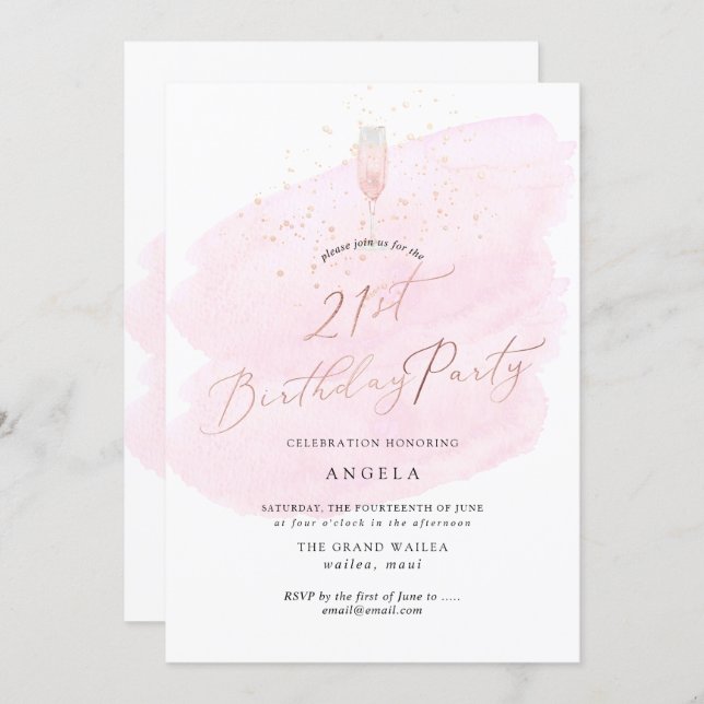 Pink Watercolor Champagne Glass+Bubbles Invitation (Front/Back)