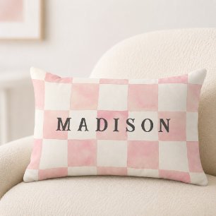 Pink Watercolor Checkerboard Custom Name Lumbar Pillow