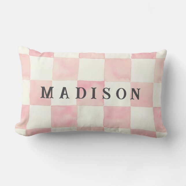 Pink Watercolor Checkerboard Custom Name Lumbar Pillow (Front)