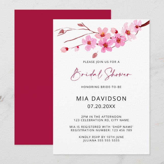 Pink Watercolor Cherry Blossom Bridal Shower Invitation (Front/Back)