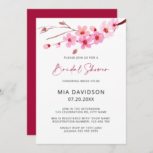 Pink Watercolor Cherry Blossom Bridal Shower Invitation