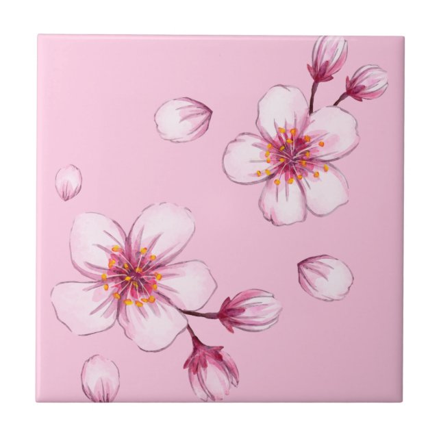 Pink Watercolor Cherry Blossom Pattern Ceramic Tile (Front)