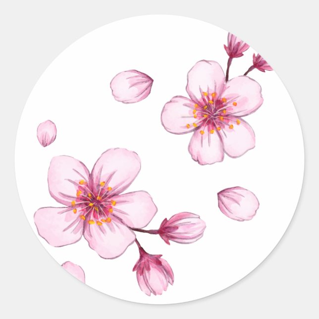 Pink Watercolor Cherry Blossom Pattern Classic Round Sticker (Front)