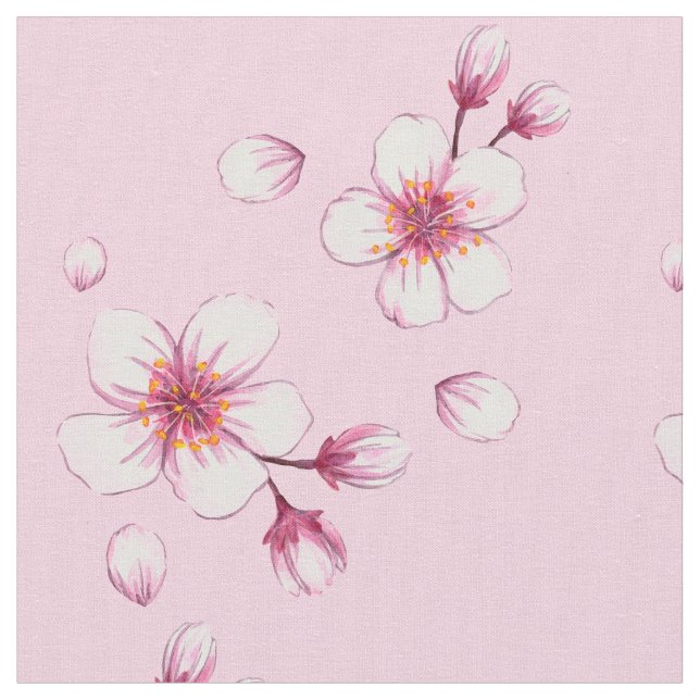 Pink Watercolor Cherry Blossom Pattern Fabric (Close Up)