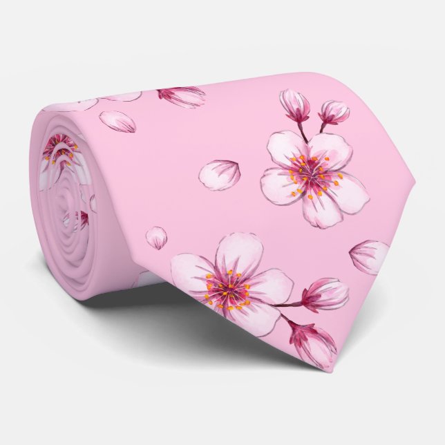 Pink Watercolor Cherry Blossom Pattern Neck Tie (Rolled)