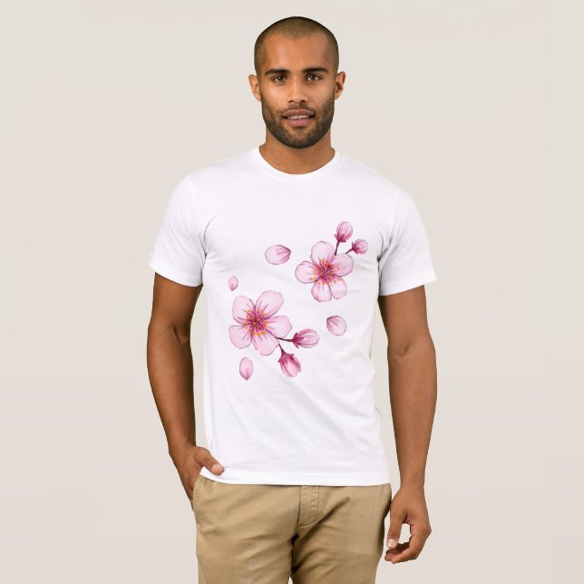 Pink Watercolor Cherry Blossom Pattern T-Shirt (Front Full)