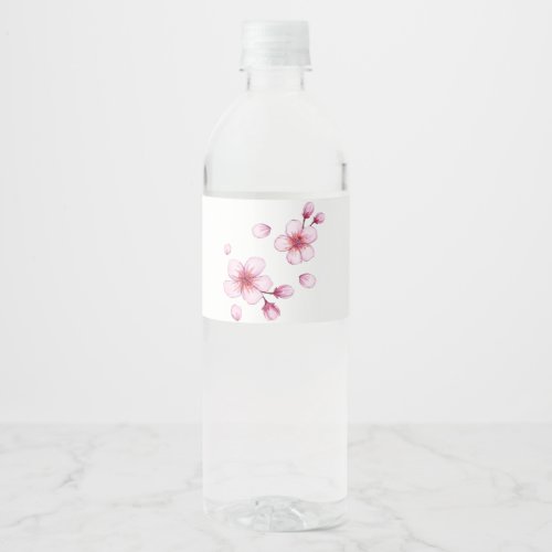 Pink Watercolor Cherry Blossom Pattern Water Bottle Label