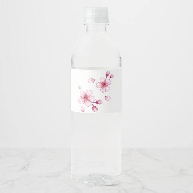Pink Watercolor Cherry Blossom Pattern Water Bottle Label (Front)