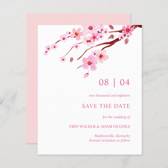 Pink Watercolor Cherry Blossom  Save The Date (Front/Back)