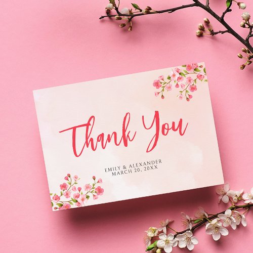 Pink Watercolor Cherry Blossom Spring Wedding Thank You Card