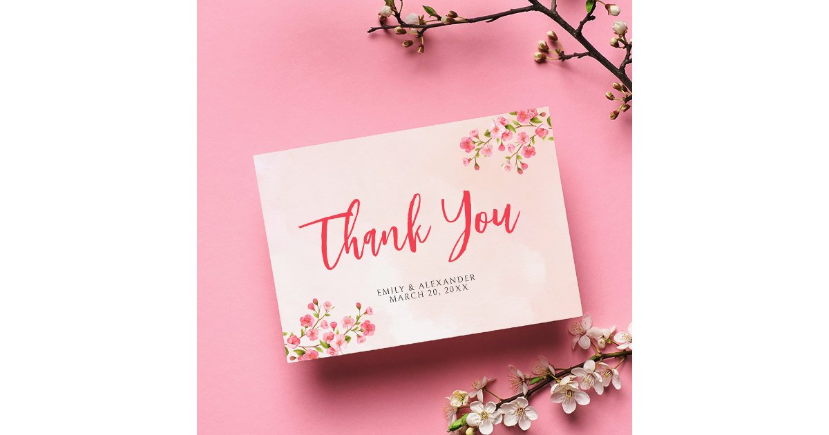 Pink Watercolor Cherry Blossom Spring Wedding Thank You Card | Zazzle