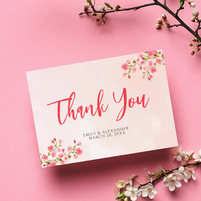 Pink Watercolor Cherry Blossom Spring Wedding Thank You Card | Zazzle