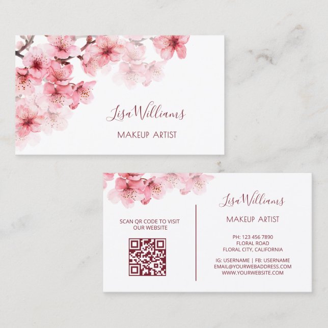 Pink Watercolor Cherry Blossoms Black Business Card (Front/Back)