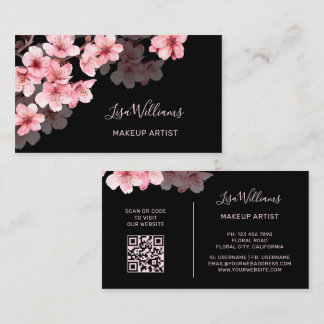Pink Watercolor Cherry Blossoms Black Business Card