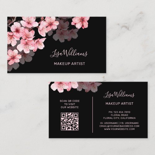 Pink Watercolor Cherry Blossoms Black Business Card