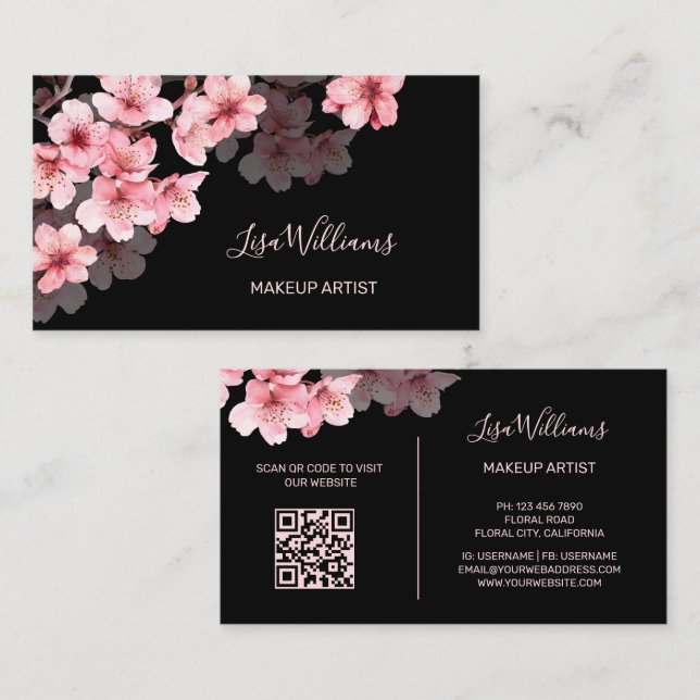 Pink Watercolor Cherry Blossoms Black Business Card (Front/Back)