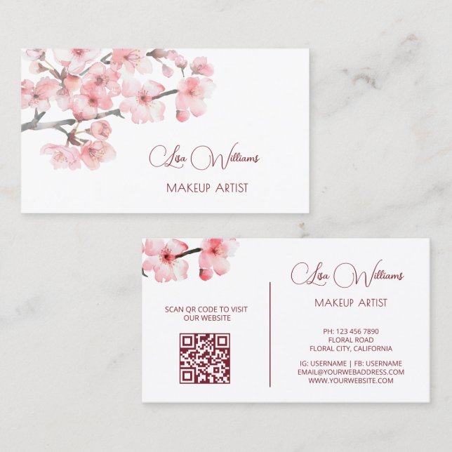 Pink Watercolor Cherry Blossoms Black Business Card (Front/Back)