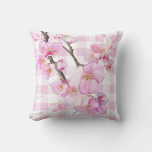 Pink watercolor cherry blossoms pink white plaid throw pillow