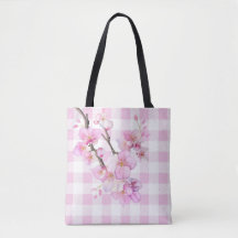 Pink watercolor cherry blossoms plaid gingham