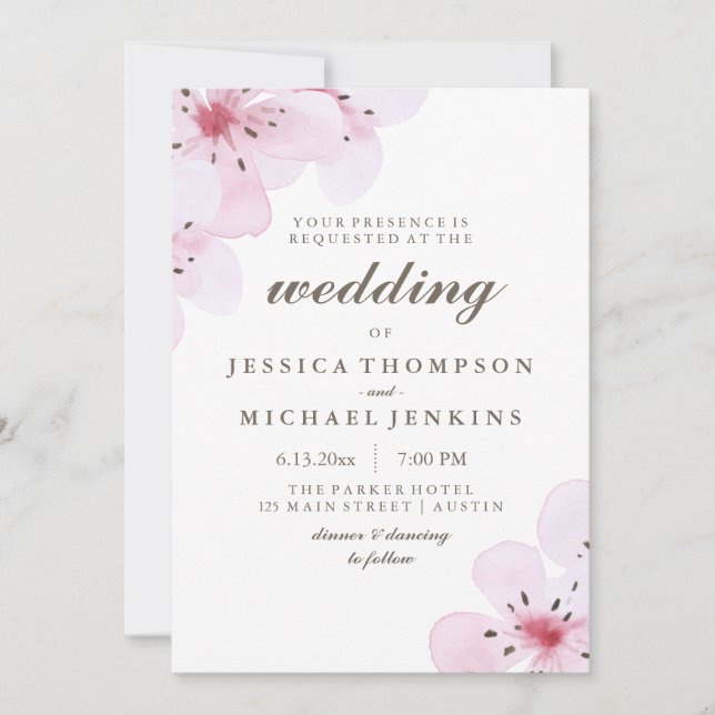 Pink Watercolor Cherry Blossoms Wedding Invitation (Front)
