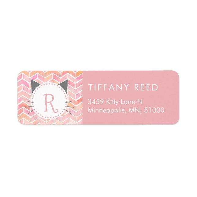 Pink Watercolor Chevron Pattern | Cat Monogram Label (Front)