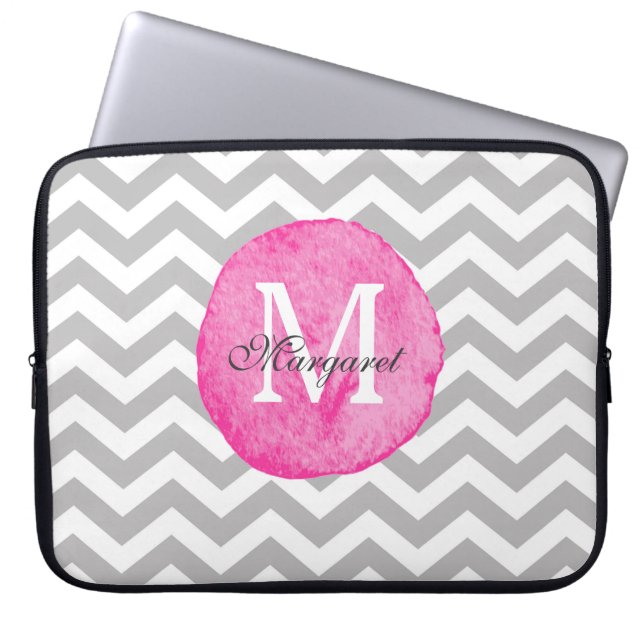 Pink Watercolor Chevron Personalize Laptop Case (Front)