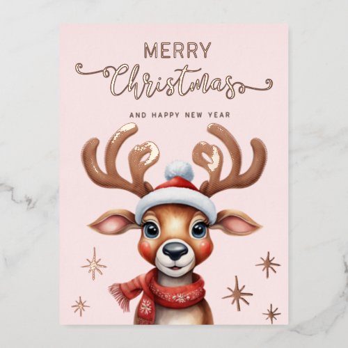 Pink Watercolor Christmas Reindeer Rose Gold Foil Holiday Postcard
