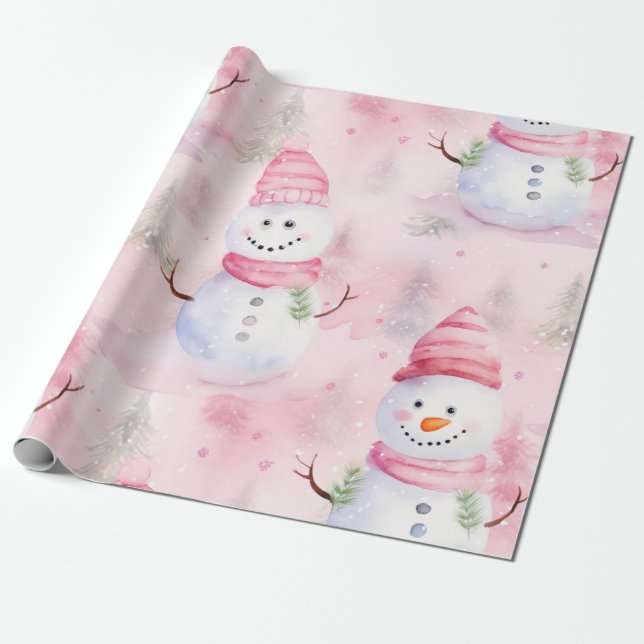 Pink Watercolor Christmas Snowman Wrapping Paper (Unrolled)