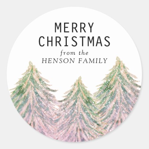 Pink Watercolor Christmas Tree Artistic Classic Round Sticker