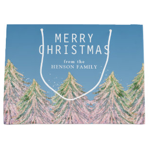 Pink Watercolor Christmas Tree Artistic  Large Gift Bag