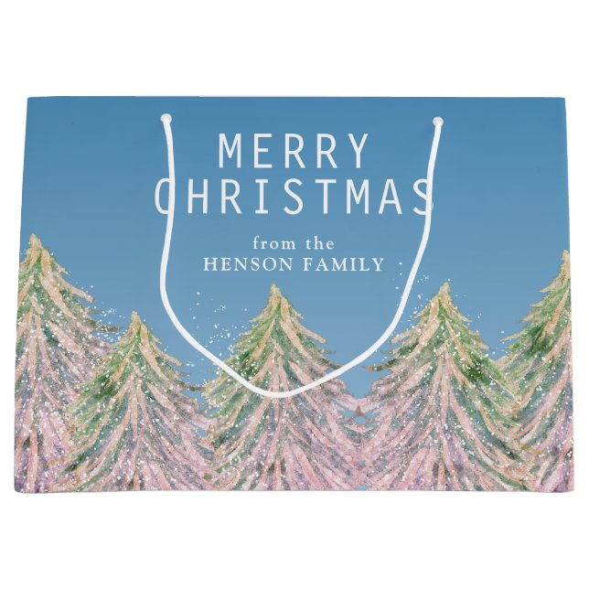 Pink Watercolor Christmas Tree Artistic  Large Gift Bag (Front)