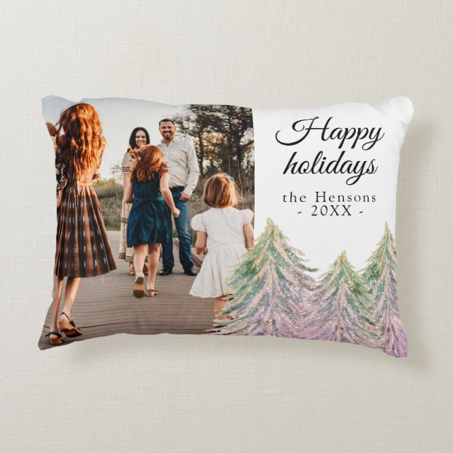 Pink Watercolor Christmas Tree Artistic Photo Accent Pillow (Back)