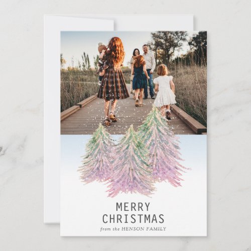 Pink Watercolor Christmas Tree Artistic Photo  Hol Holiday Card