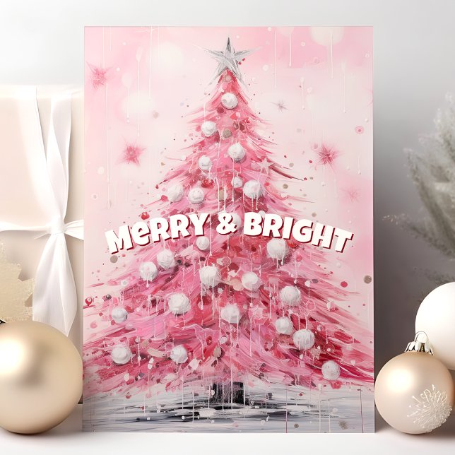 Pink Watercolor Christmas Tree Merry & Bright  Holiday Card (Creator Uploaded)