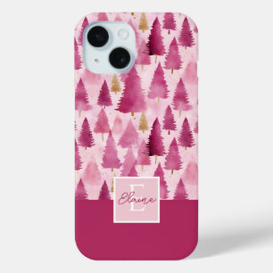 Pink Watercolor Christmas Tree Pattern iPhone 15 Case