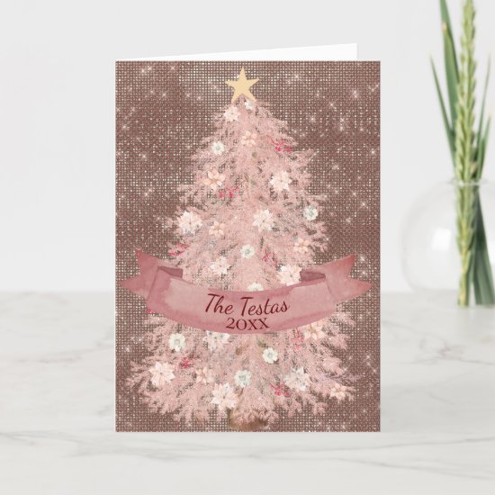 Pink Watercolor Christmas Tree Rose Gold Fold 2021 Holiday Card