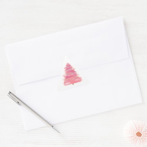 Pink Watercolor Christmas Tree   Triangle Sticker