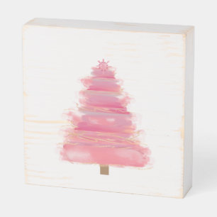 Pink Watercolor Christmas Tree Wooden Box Sign