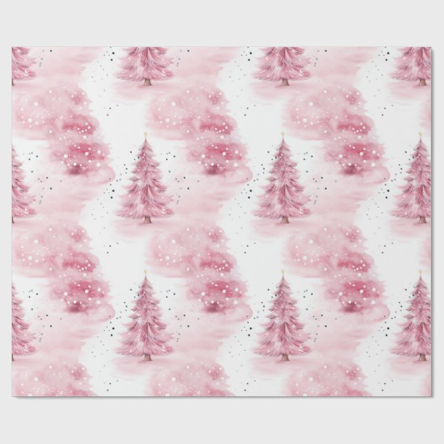 Pink Watercolor Christmas trees Wrapping Paper (Flat)