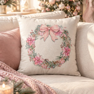 Pink Watercolor Christmas Wreath Throw Pillow