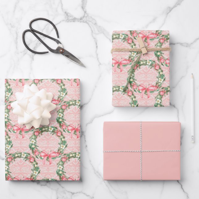 Pink Watercolor Christmas Wreath Wrapping Paper Sheets (Front)