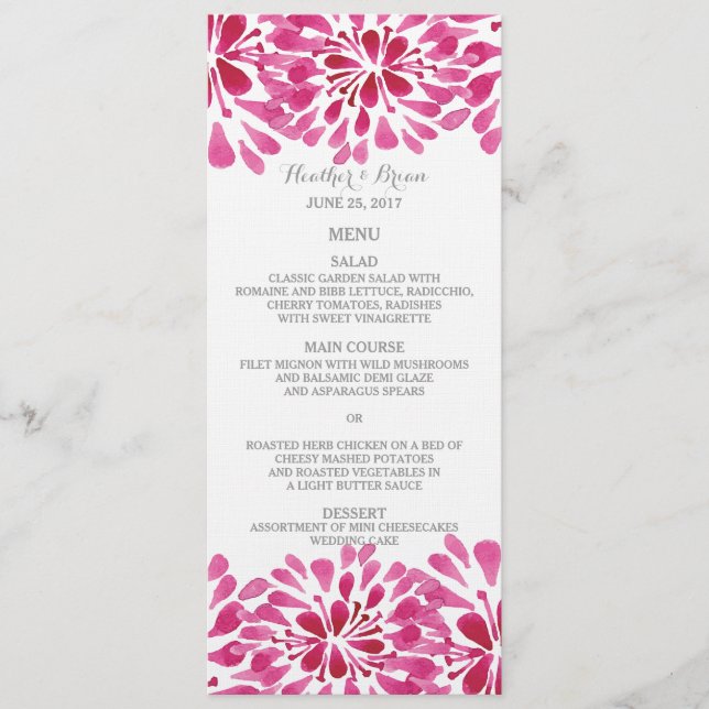 Pink Watercolor Chrysanthemum Wedding Menu (Front)