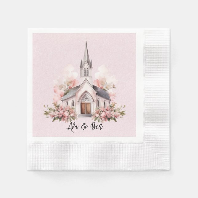 Pink Watercolor Church Wedding Napkins (Front)